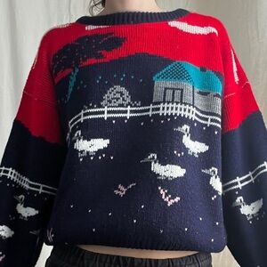 Vintage 1980s Farm Knit Sweater - Red & Navy